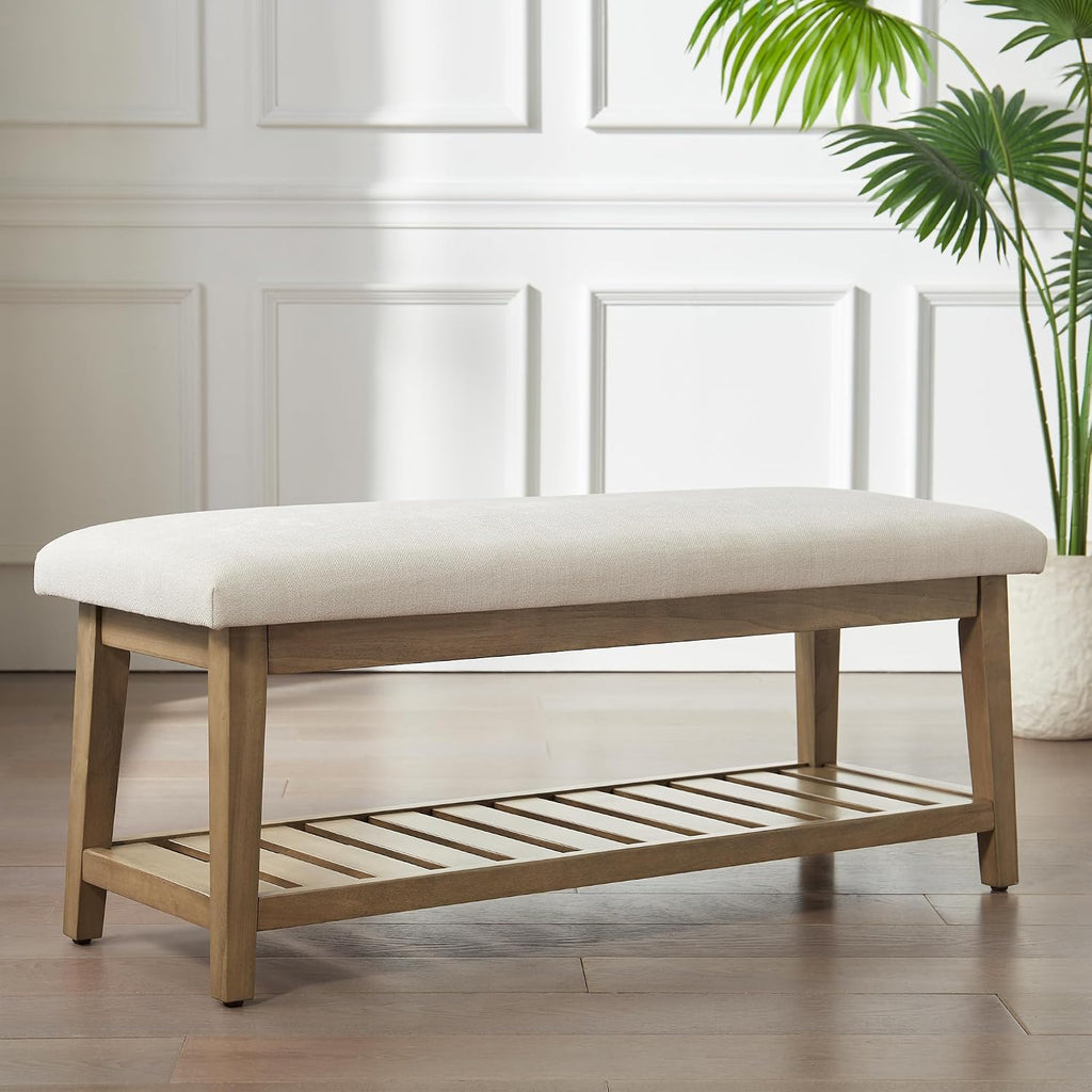 Entryway Bench, Chenille Upholstered Shoe Benches , Ottoman Bench with Solid Wood Shelf, Storage Benches (Beige)