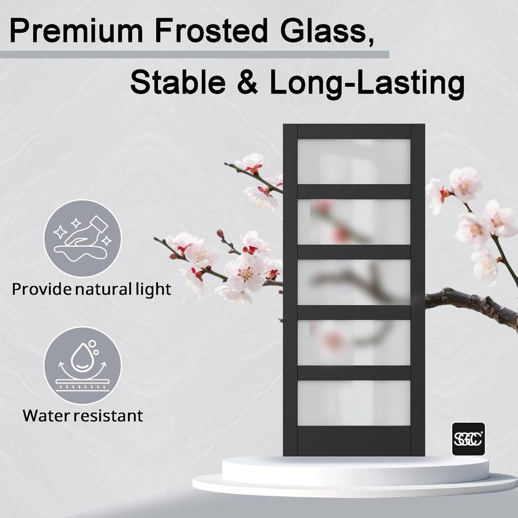 30" x 84" 5-Lites Frosted Glass Sliding Barn Door and Hardware Kit Included & 6FT Track & Handle, Ea