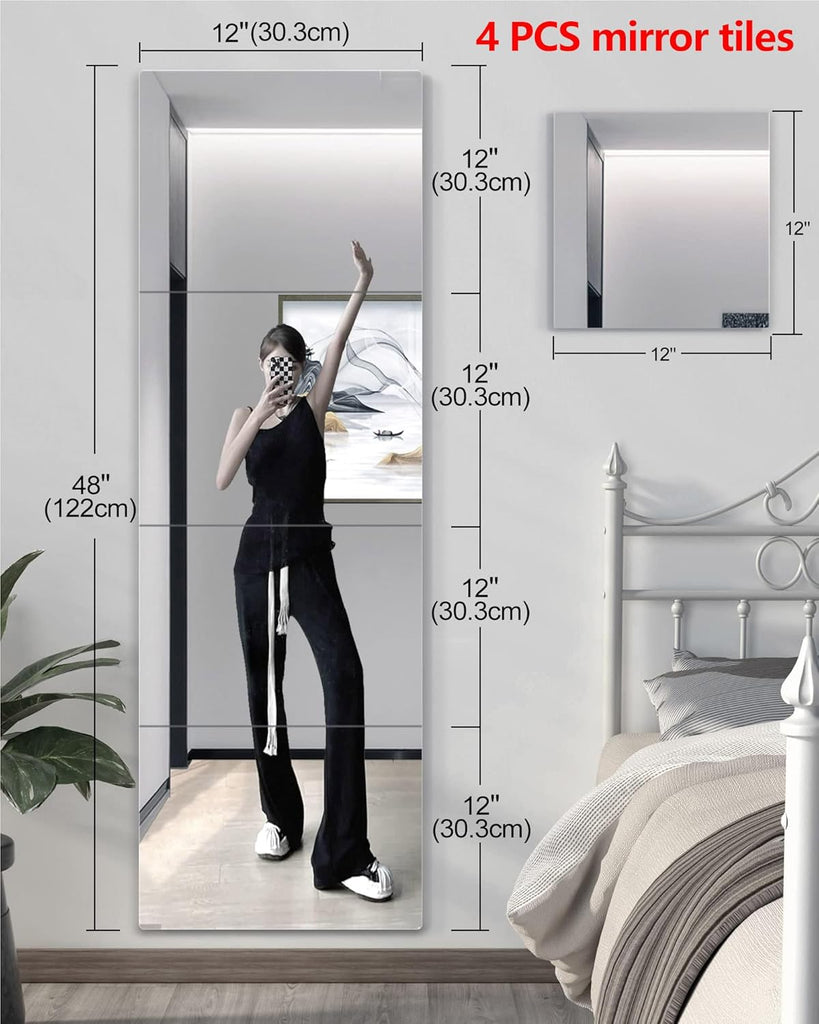 Shatterproof Wall Mirror Full Length , Acrylic Gym Mirrors , Extra Thick: 0.12 inch, 12 x 12 inch x 4 Pcs, Workout