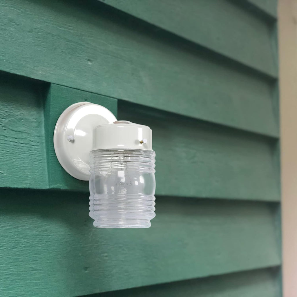 Jelly Jar 1-Light Outdoor Wall Light with Clear Ribbed Glass, Wet Rated for Porch, Patio, and Entryway - House