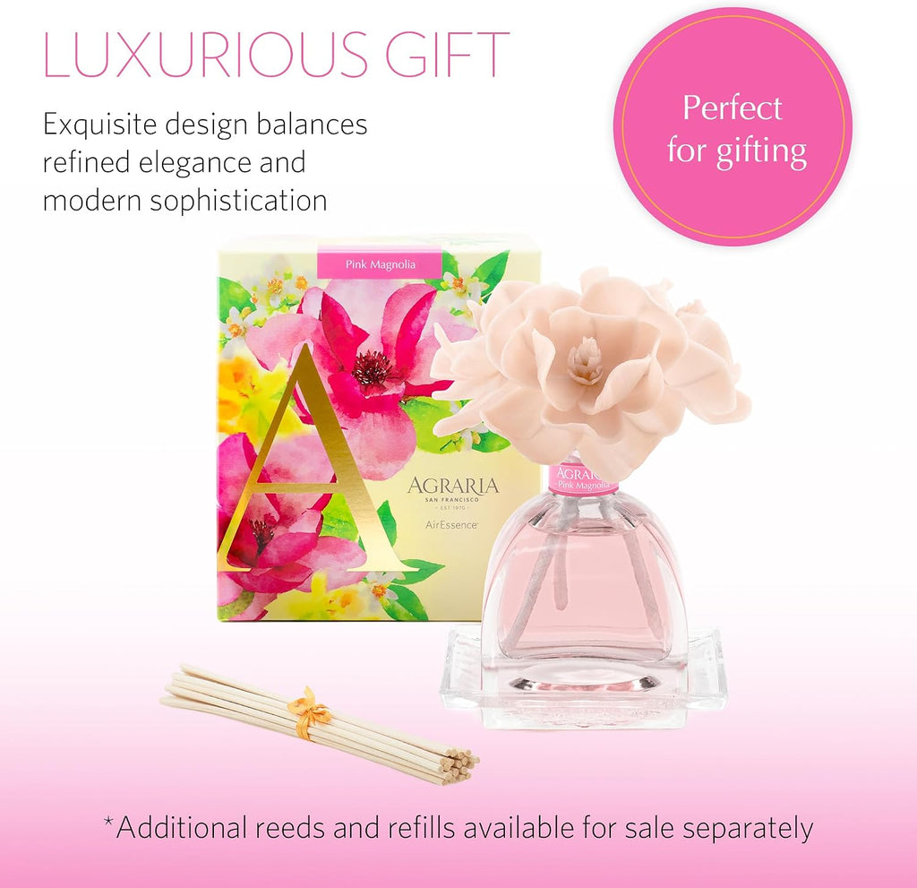 AirEssence Flower and Reed Diffuser Set, Hand Crafted Sola Flower Botanical Home Fragrance Diffuser, Pink Magnolia