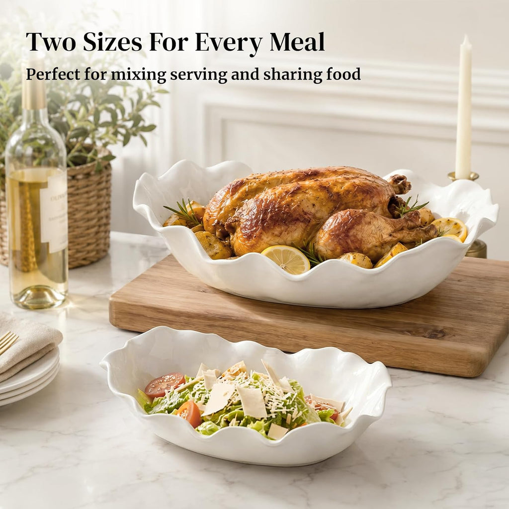 Ceramic Serving Bowls Set of 2, Large Serving Dishes for Party Entertaining, 12" & 16" Oval Deep Serving Platter