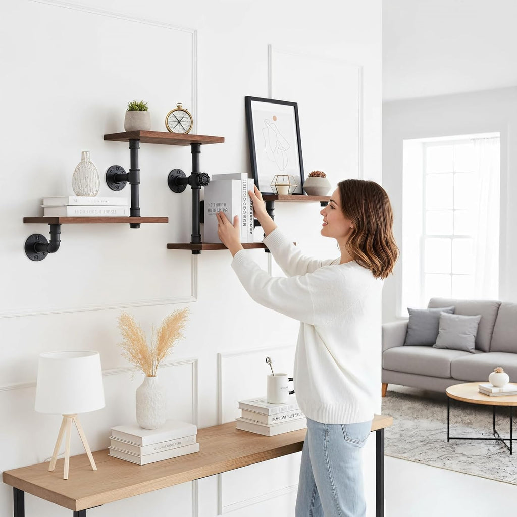 Industrial Rustic Modern Solid Wood Ladder Pipe Wall Mounted Floating Shelves - 4 Tiers Bookshelf,DIY Storage