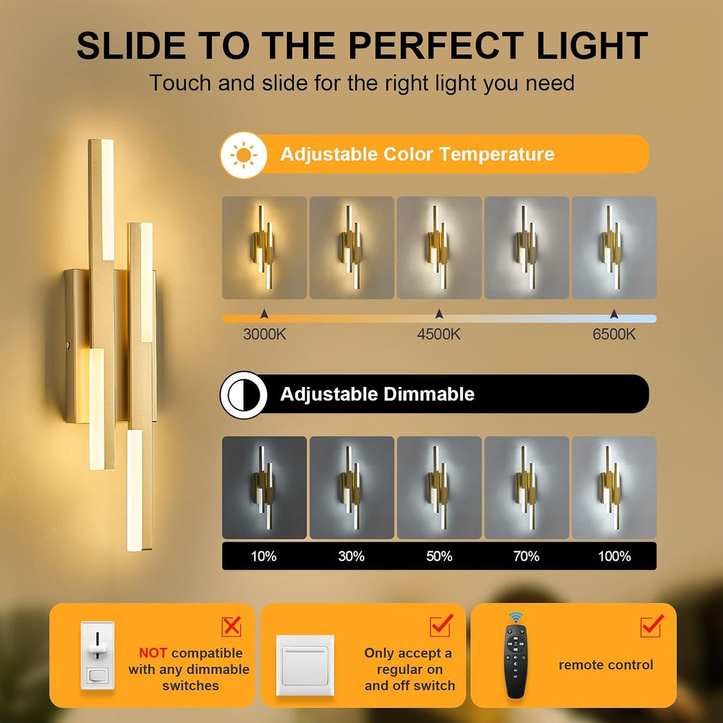 Modern LED Vanity Lights Set of 2, Gold Wall Sconce with Remote Control Dimmable Indoor Wall Light Bedside Remote