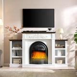78 Inch Birdcage-Style Electric Fireplace TV Stand with Mantel, Farmhouse Entertainment Center for TVs up to 90 Inches, Storage Cabinets and Replaceable Insert Heater, White and Walnut