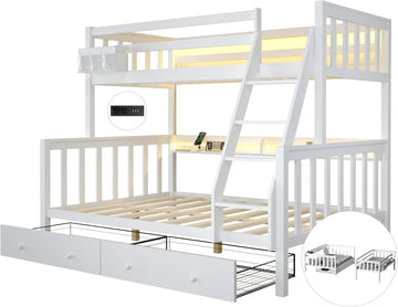 Solid Wood Bunk Bed with Charging Station and LED Lights Detachable Bunk Bed Twin Over Twin with 2 Storage Drawers