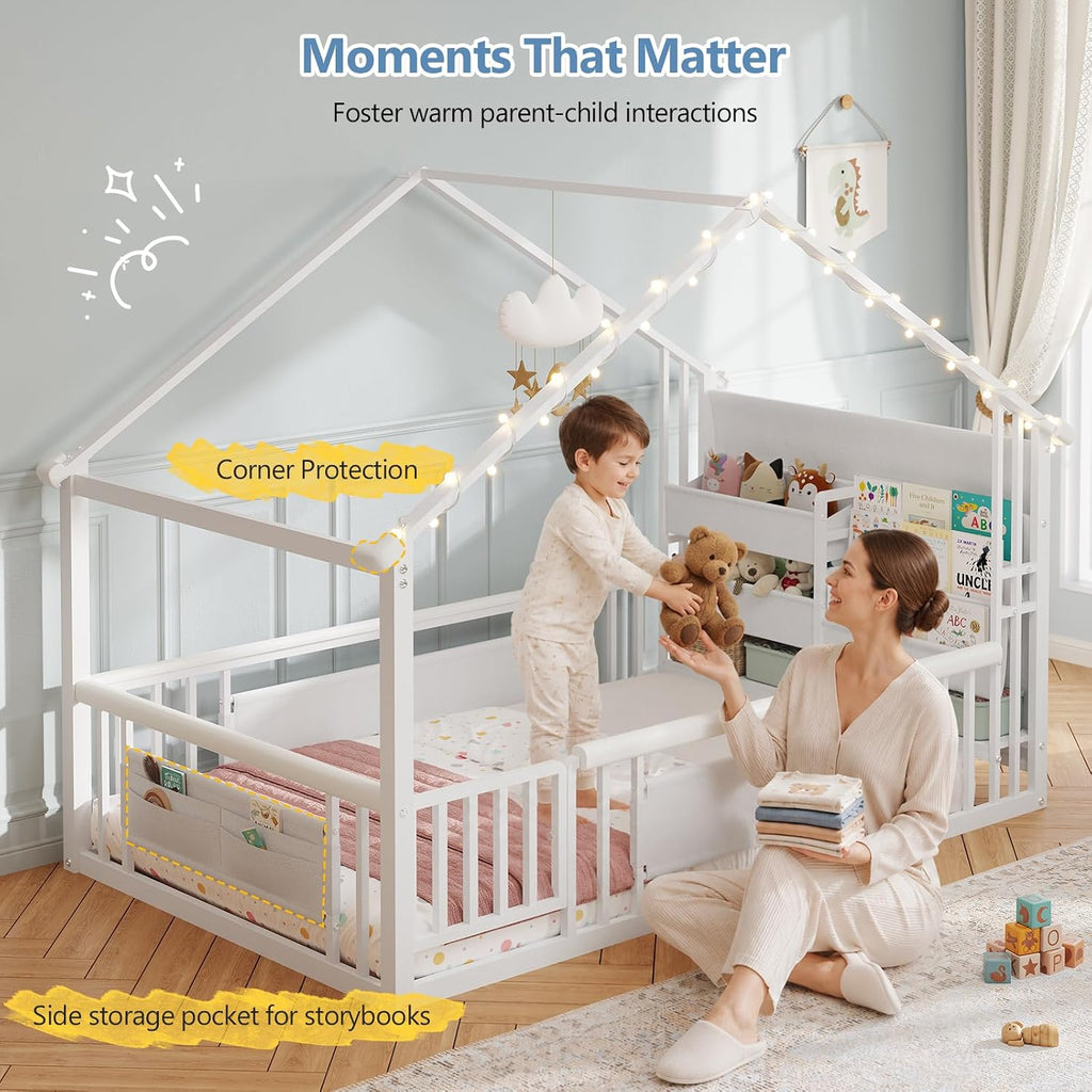 Twin Montessori Floor Bed with Storage Bookshelf and Globe String Lights House Shaped Floor Bed for Kids with Safety