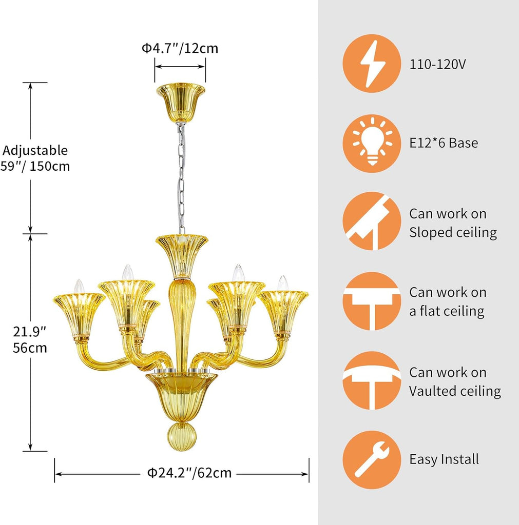 6 Light Crystal Chandelier, Modern Dining Room Light Fixture, Yellowish Green Crystal Pendant Light for Bedroom Livingroom, D24xW24xH22, E12 Socket