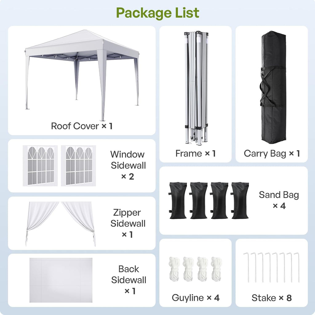 10x10 Pop Up Canopy with Sidewalls, Outdoor Instant Canopy Tent with Carry Bag Events, Camping, Backyard Parties - White