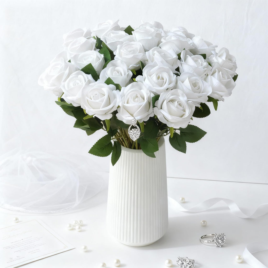 60Pcs White Roses Artificial Flowers with Stem Bulk