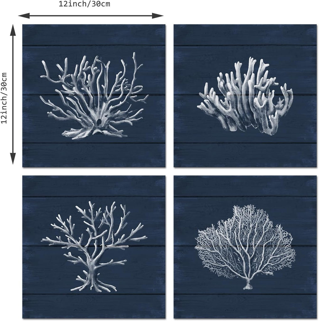 Coral Canvas Wall Art Prints Ocean Navy Blue Coastal Artwork Beach Home Decor Picture Framed Ready to Hang 12"x12"x4