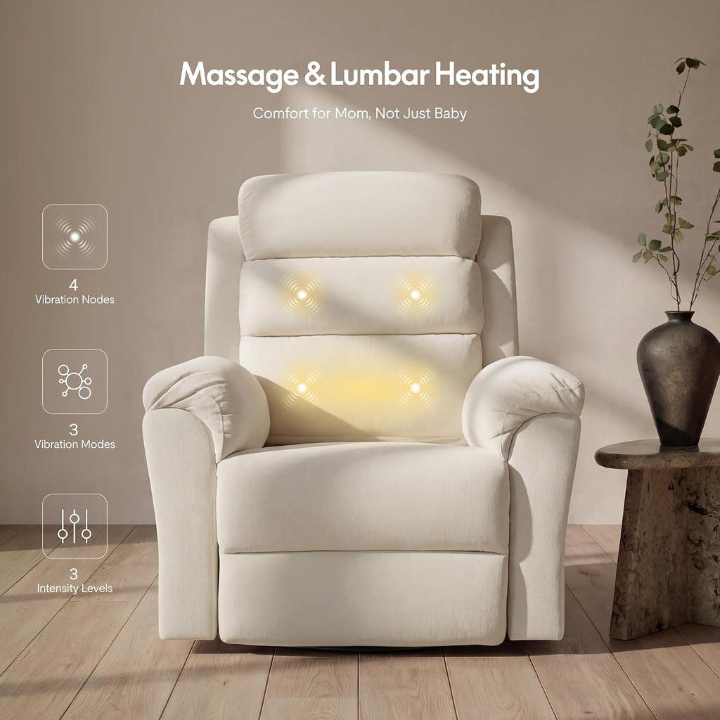 Swivel Rocker Recliner Chair for Adults, Nursery Rocking Glider Chair with Massage & Heat, FSC Wood Frame