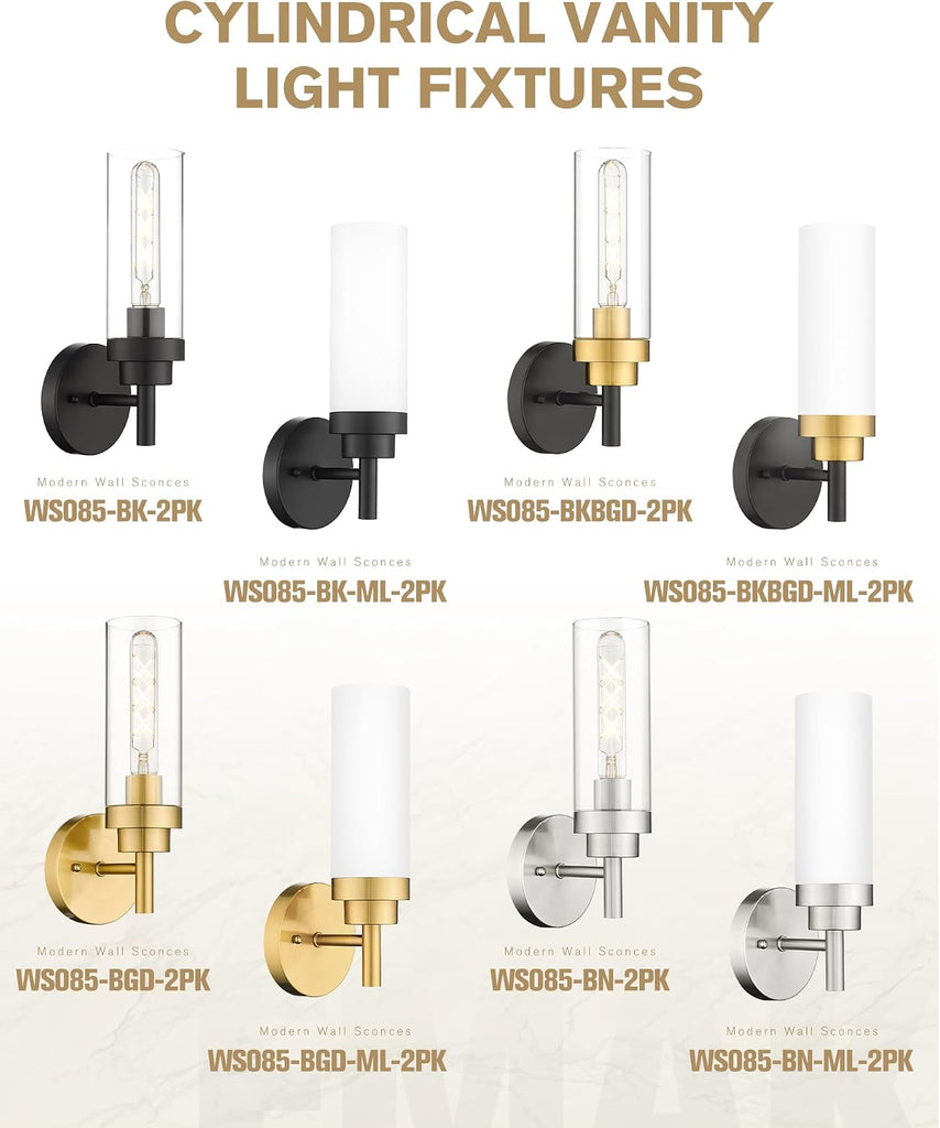 Brushed Nickel Sconces Wall Lighting, Modern Vanity Lights with Milk Glass Shade, Wall Sconce , WS085-BN-ML-2PK