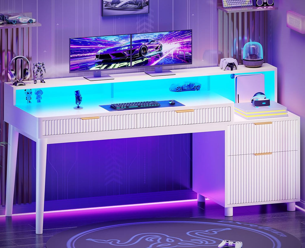 Office Desk with 4 Storage Drawers, 59" Fluted Wood Gaming Computer Desk with LED Lights and Power Strip