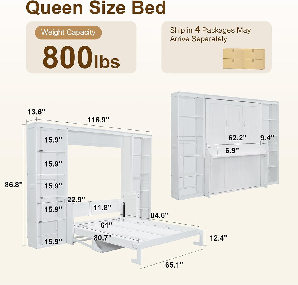 Murphy Bed Queen with Small Desk and Bookcase, Vertical Murphy Wall Bed Cabinet Desk and Bookshelf Storage Combo
