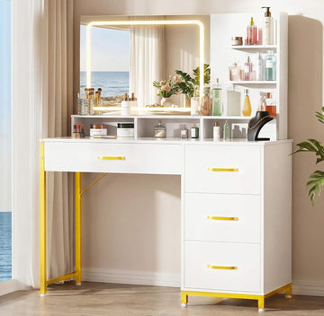 Vanity Desk with Mirror and Lights, Makeup Vanity Table with 4 Drawers & Storage Shelves, Large HD Mirror, 3 Color