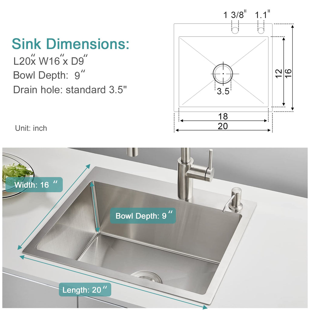 Drop Sink - 20"×16" Single Bowl Undermount Sink