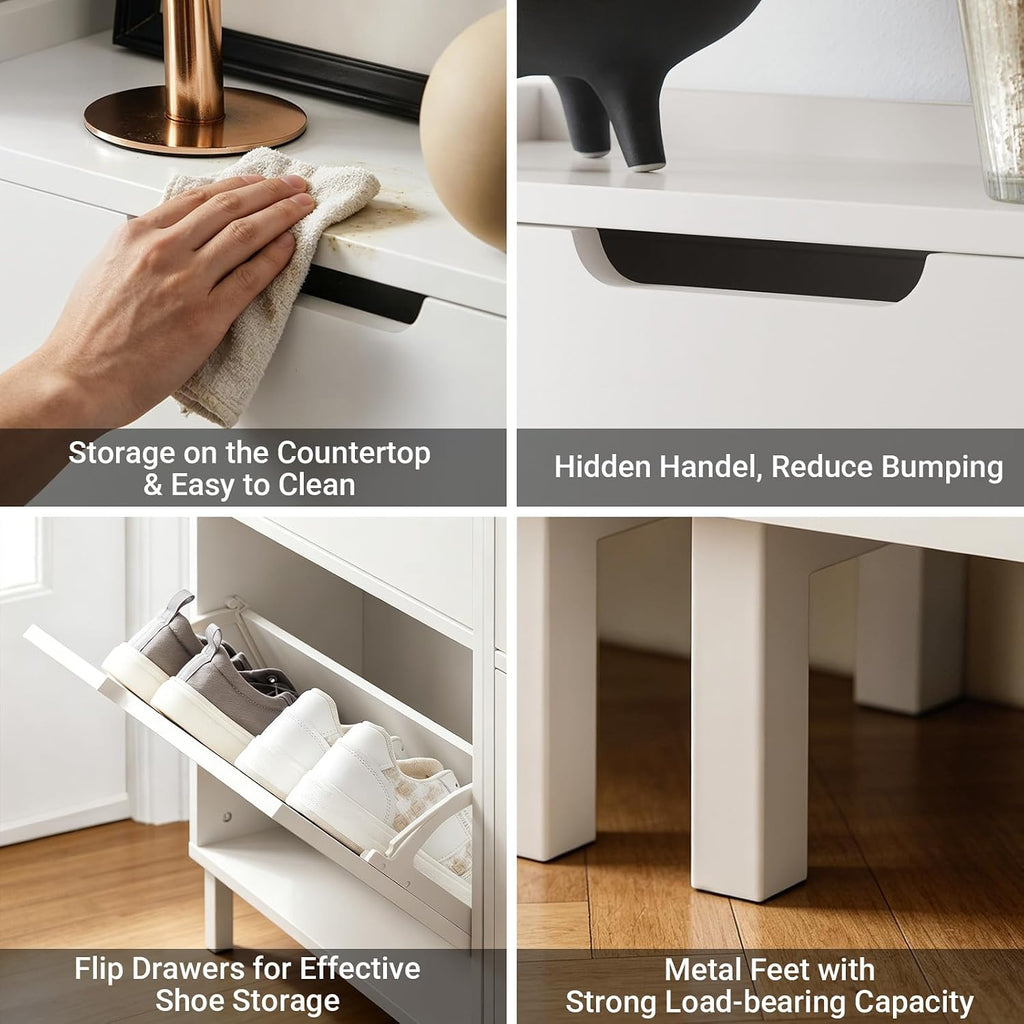 Slim Shoe Cabinet Entryway, Hidden Shoe Storage with Two Flip Drawers to Save Space, Freestanding Shoe Rack for Front