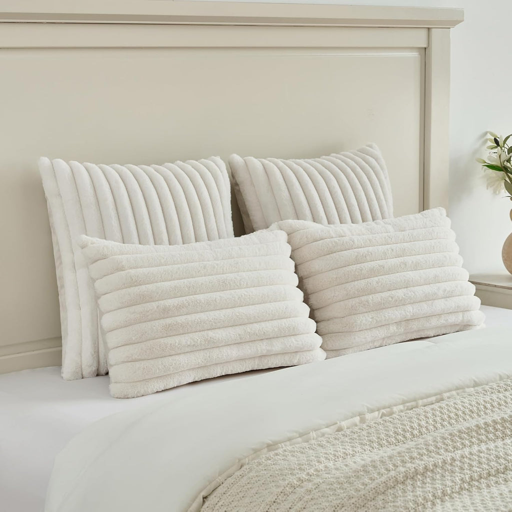 Pack of 2 Fluffy Faux Fur Throw Pillow Covers 18x18 Inch Elegant Striped Textured Decorative Cushion Cases Modern