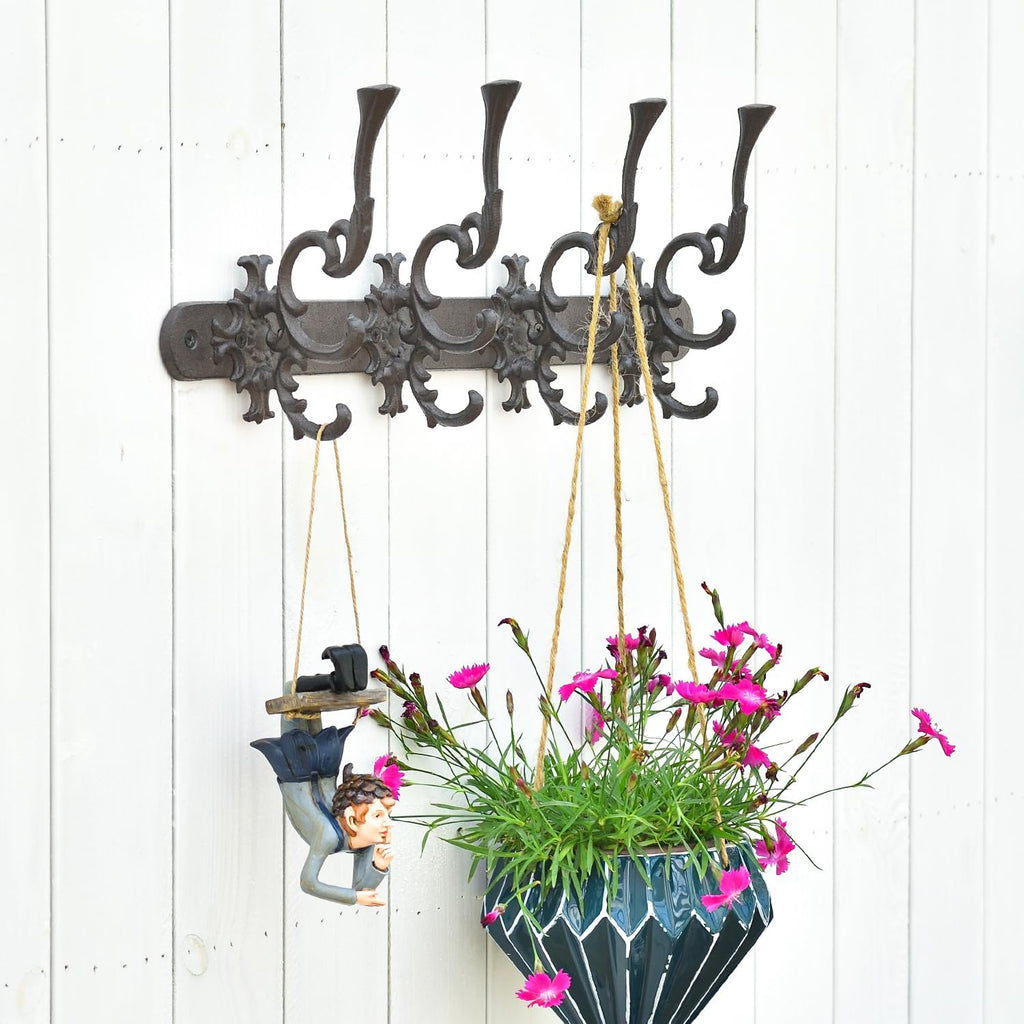 Vintage Cast Iron Wall Hook Rack - Ornate 4-Hooks Coat and Hat Organizer - Heavy Duty Decorative Hanger , or Mudroom