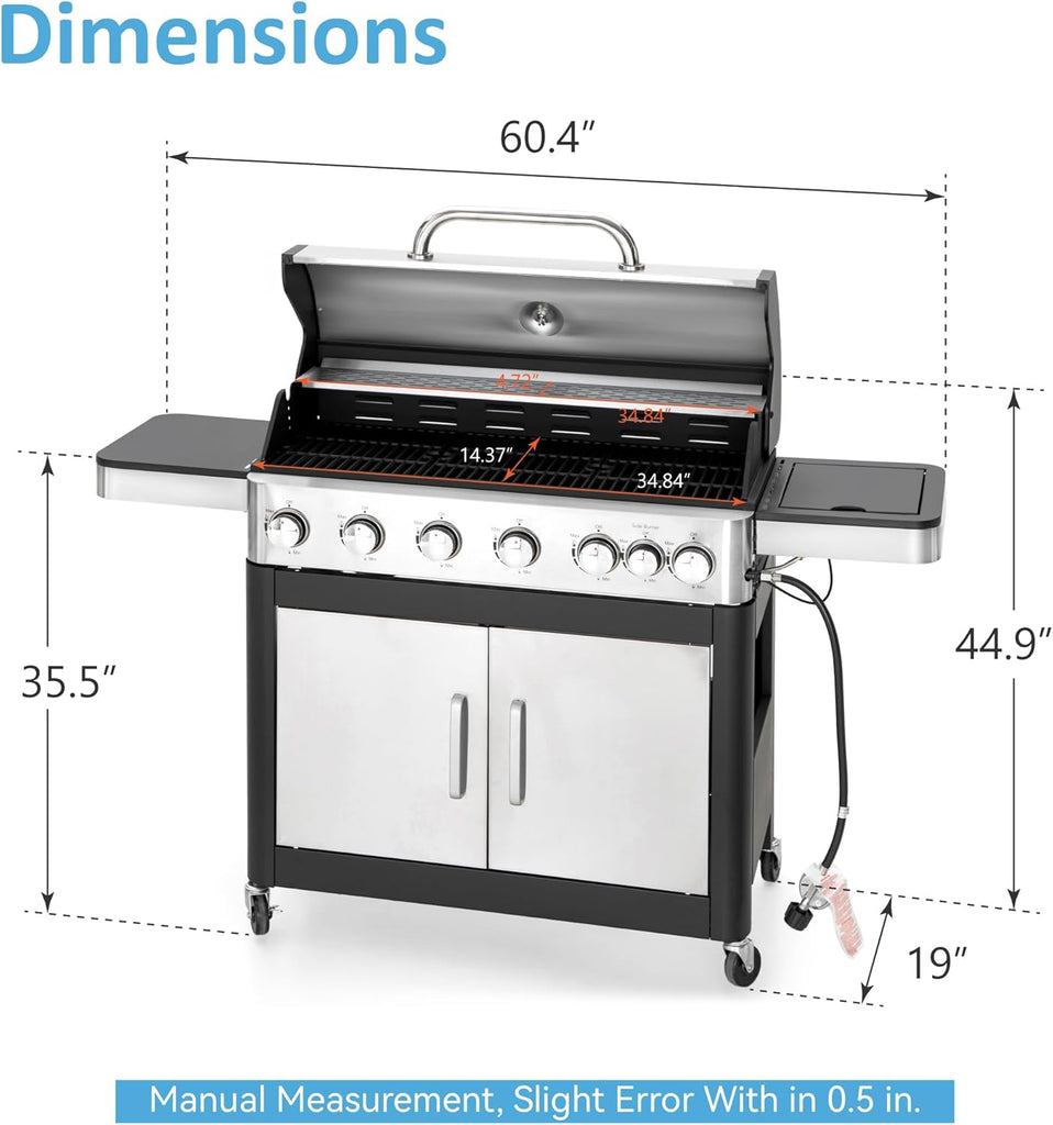 6-Burner Propane Gas Grill with Side Burner, 65,800 BTU BBQ Grill with Porcelain-Enameled Cast Iron Grates, 665 Sq. In. Cooking Area for Patio, Backyard, and Camping