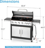 6-Burner Propane Gas Grill with Side Burner, 65,800 BTU BBQ Grill with Porcelain-Enameled Cast Iron Grates, 665 Sq. In. Cooking Area for Patio, Backyard, and Camping