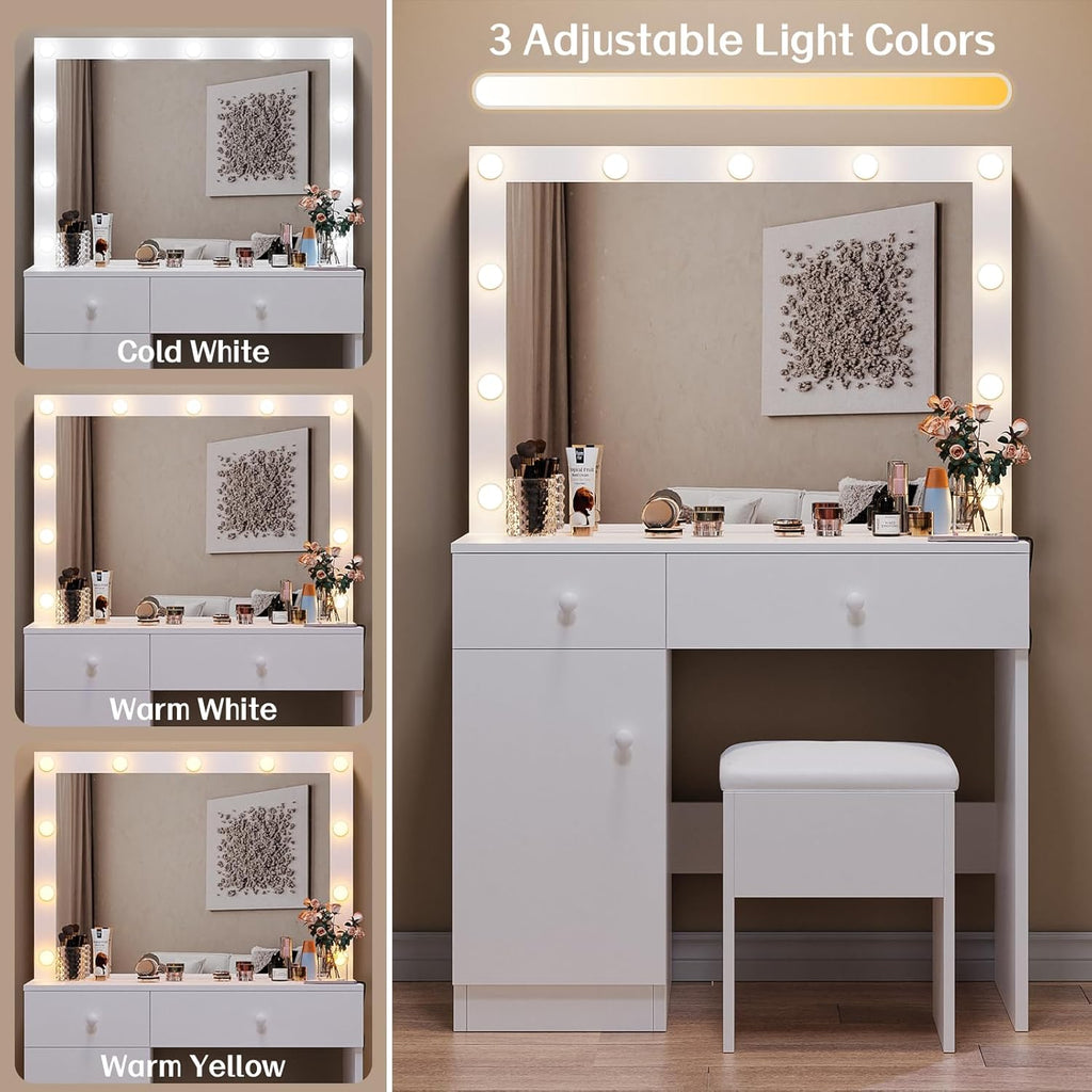 White Makeup Vanity Desk with Lighted Mirror and Storage Chiar Set | 11 LED Light Bulbs, 3 Lighting Modes, Built-In