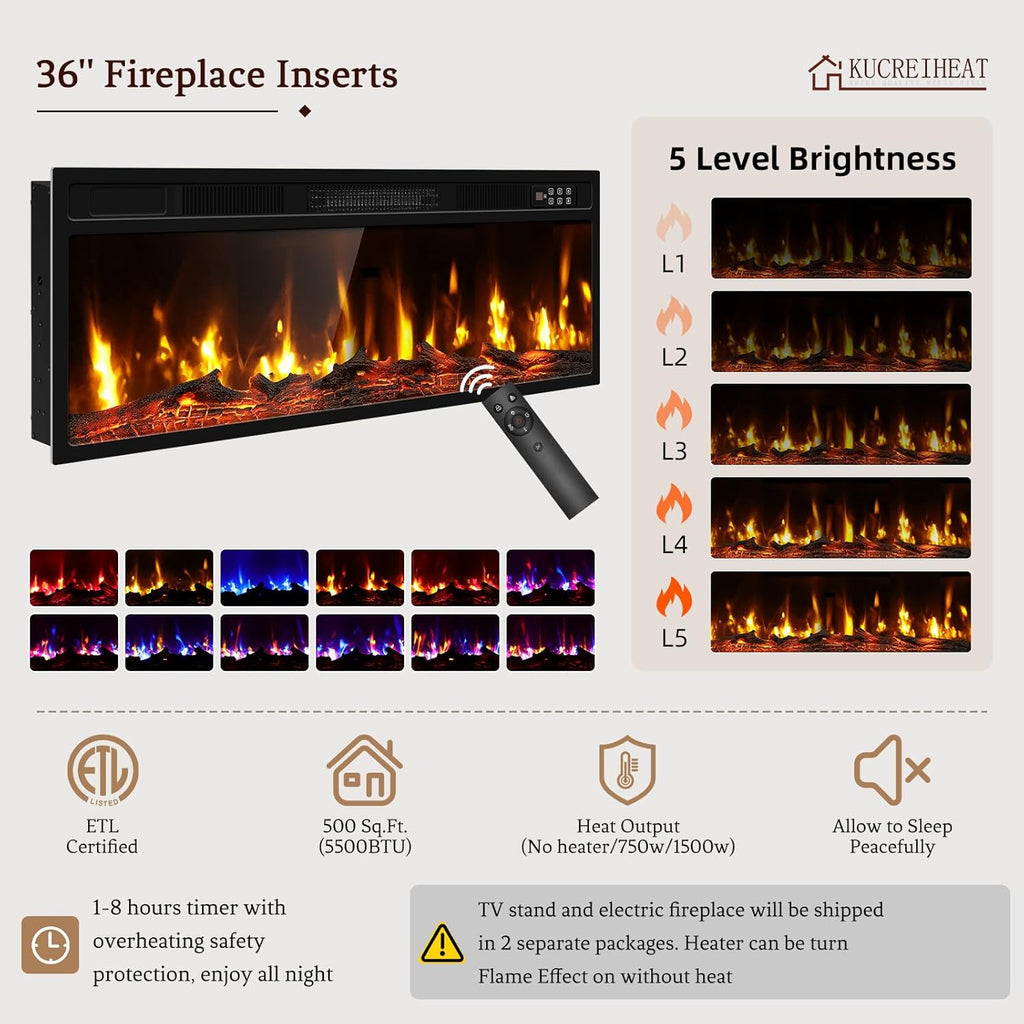 Fireplace TV Stand for 65-80 inch TV, Large Entertainment Center with Fireplace & LED Lights,High Gloss Living Room