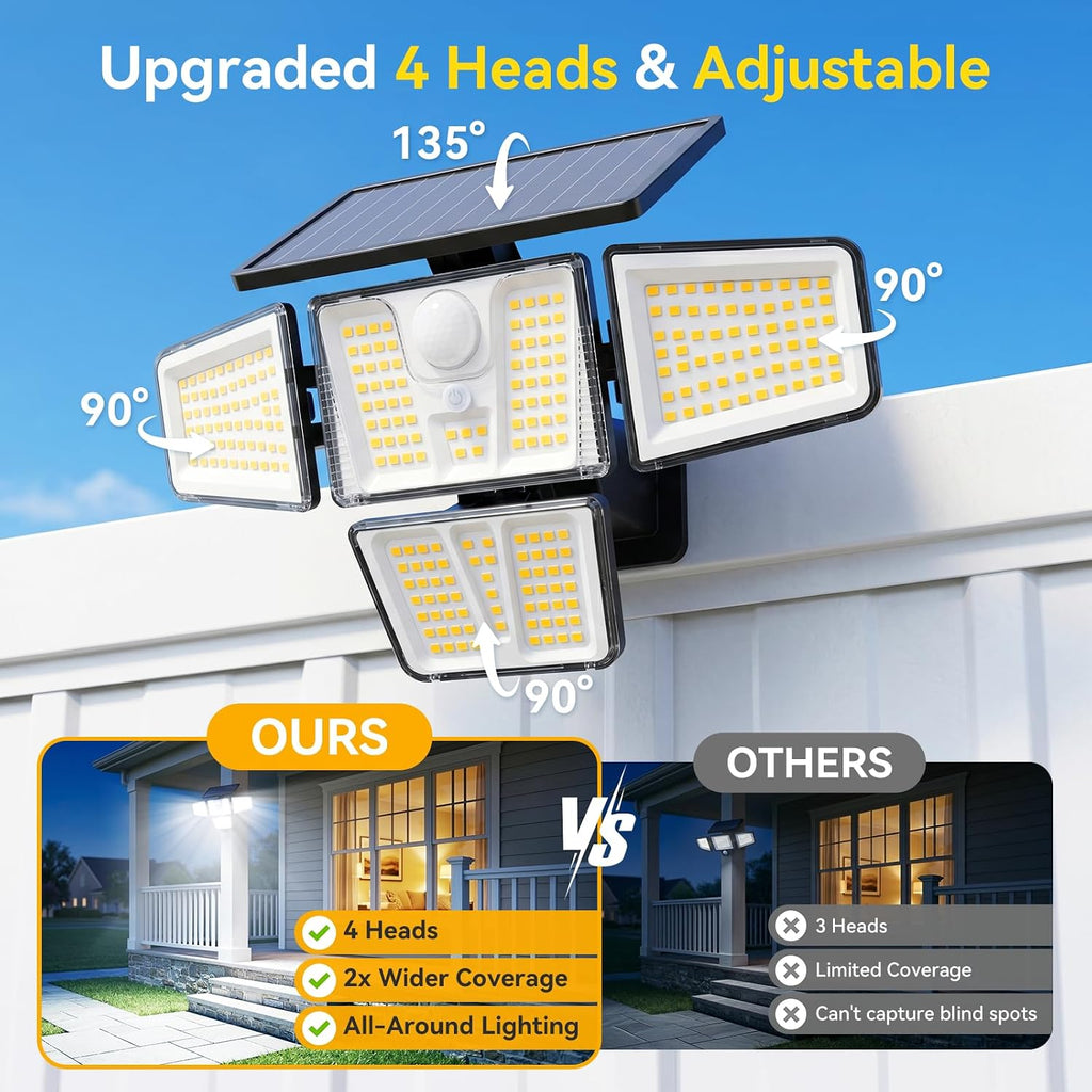 Solar Flood Lights, 3600LM 270° Motion Sensor Outdoor Lights-Remote | 4 Heads 3 Modes Solar Lights Outdoor, Glass