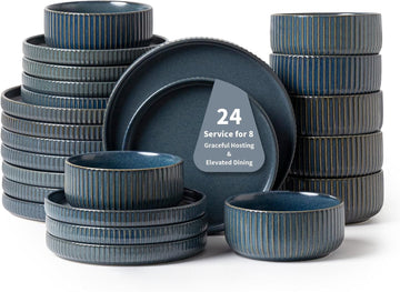 24 Piece Starry Blue Ceramic Dish Set,Plates and Bowls Set for 8,Dinnerware Sets for Hosting