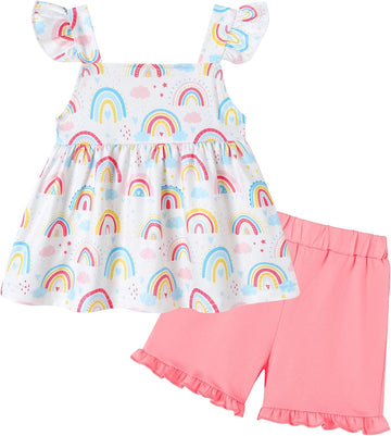 Toddler Girl Clothes, 2Pcs Baby Girl Summer Outfits Ruffle Sleeveless Shirts Floral Tops + Shorts Clothing Set
