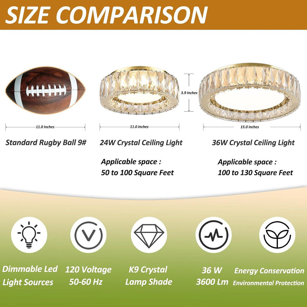 15 Inch Gold Modern Crystal Flush Mount Chandelier,Large Dimmable LED 5CCT 3000K-6000K 36W Round Close to Ceiling
