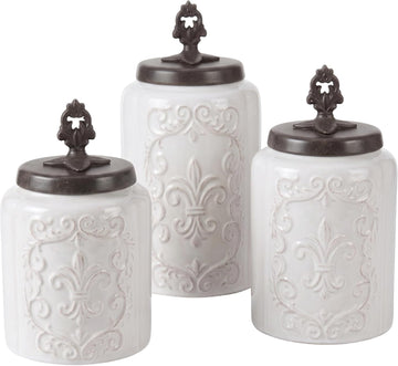 Ceramic Kitchen Canister Set Fleur De Lis w/ Lids - Set of 4