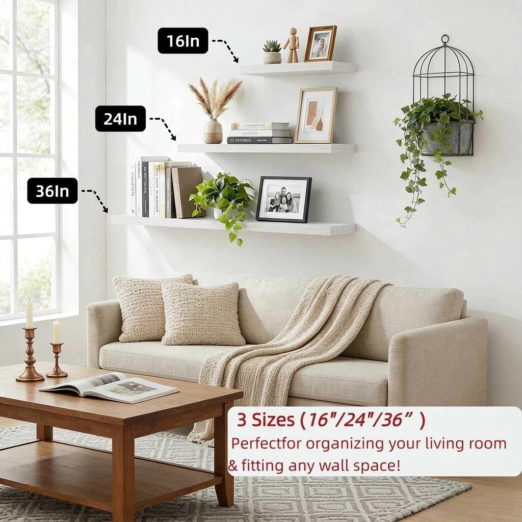 Floating Shelves Wall Shelf Solid Wood Bedroom Kitchen Set of 3, White Wall Shelves