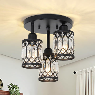 Semi Flush Mount Ceiling Light,3-Light Modern Crystal Close to Ceiling Light Fixtures, Black Kitchen Light Fixtures