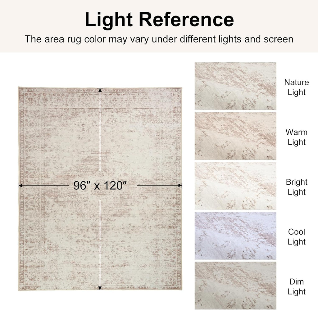 Washable Area Rug 9x12, Non-Slip Backing, Distressed Beige