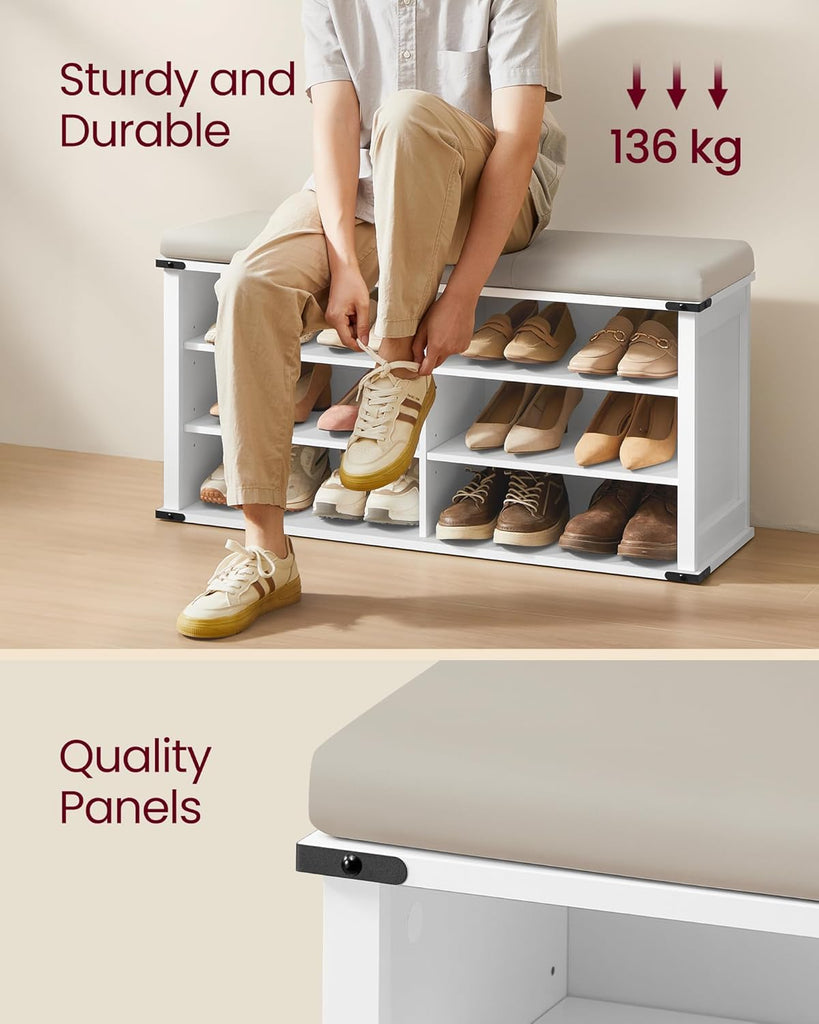 Shoe Storage Bench with Removable Cushion, Shoe Rack with Padded Seat, Entryway Bench with 6 Open
