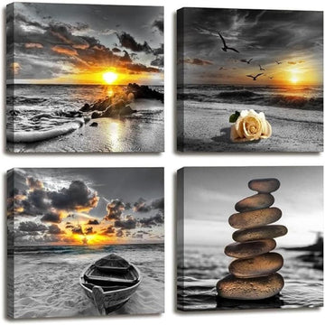 Black and White Gold Beach Wall Art Ocean Canvas Seascape Prints Posters Zen Wall Decor Sea Sunrise Scenery Wall