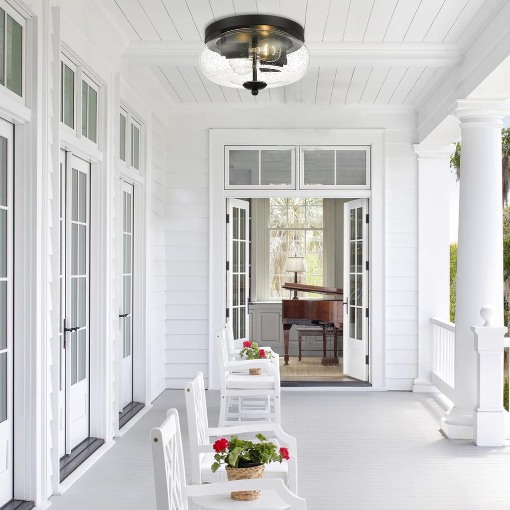 Black Ceiling Light Fixtures, Indoor Outdoor Flush Mount Ceiling Light with Seeded Glass Shade for Farmhouse Hallway