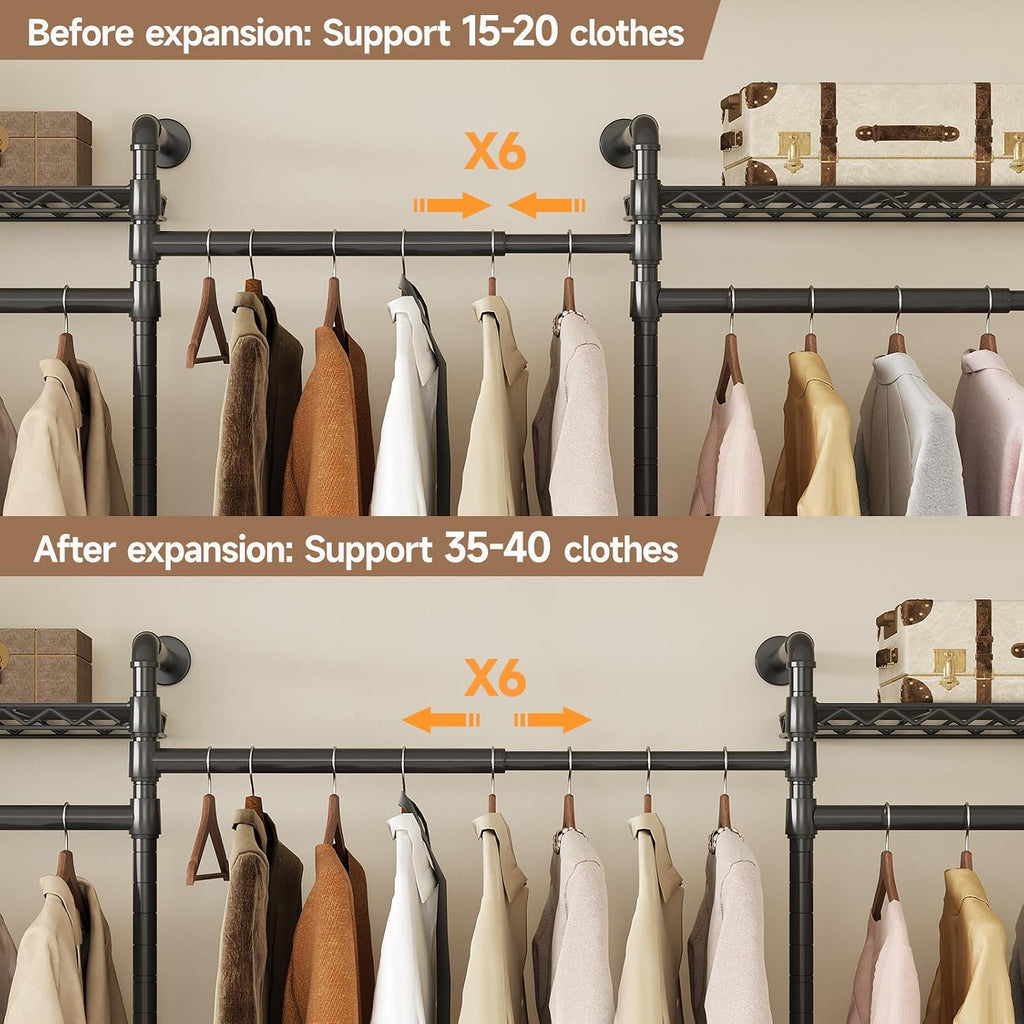Wall Mounted Garment Rack, Industrial Pipe Clothing Rack, Closet System with 6 Expandable Rods, Walk in Closet