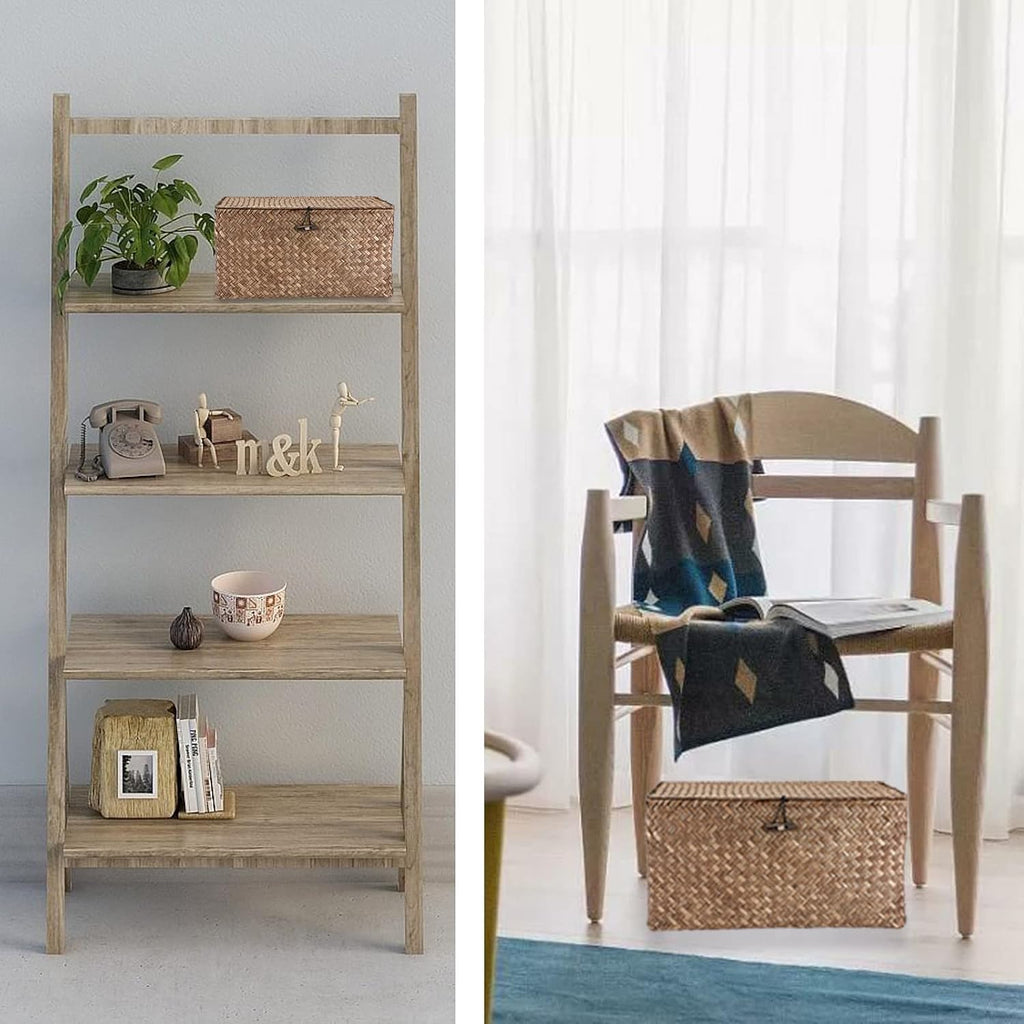 Wicker Shelf Baskets Storage Bin with Lid Handwoven Seagrass Basket | Rectangular Household Basket Boxes for Shelf
