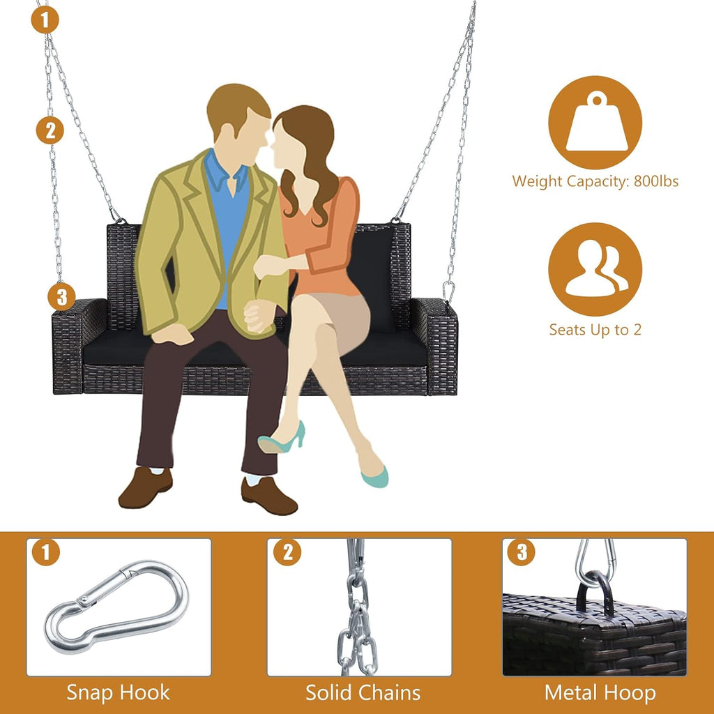 Hanging Porch Swing, 2-Person Outdoor Wicker Swing Chair Bench with Cushions, 7.9Ft Steel Chains for Garden