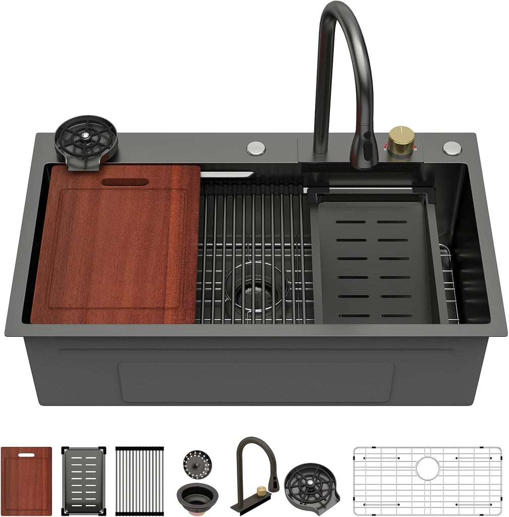 33 Inch Waterfall Kitchen Sink - 33x19 Black Waterfall Drop In Sink Workstation Stainless Steel 16 Gauge Sink