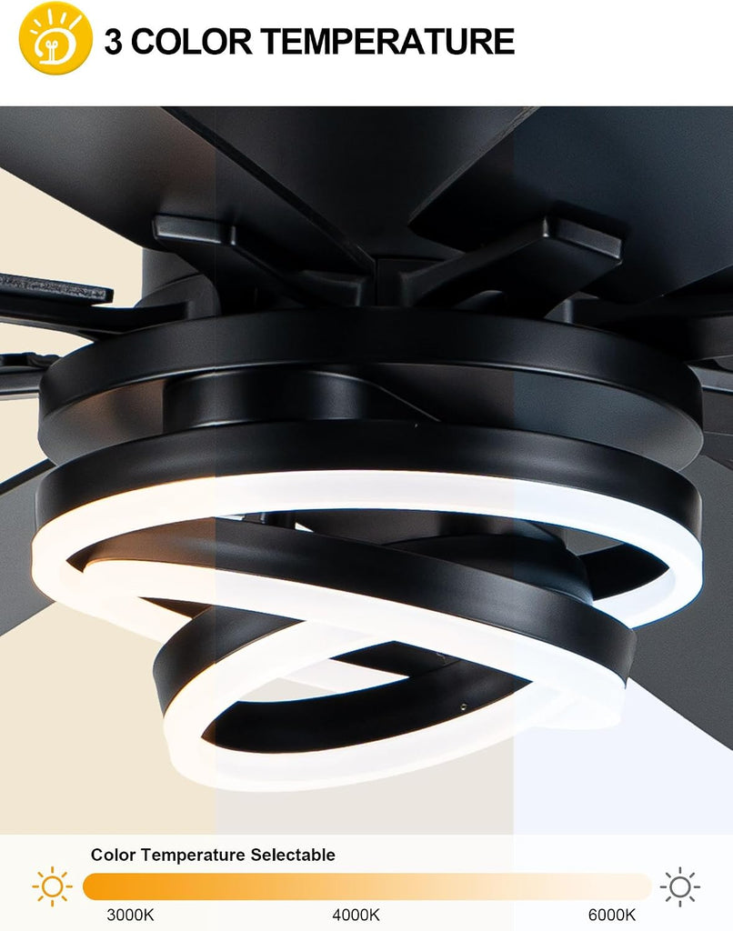 Black 72 Inch Ceiling Fans with Lights and Remote Reversible Quiet DC Motor 6 Speed LED Big Large Modern Chandelier