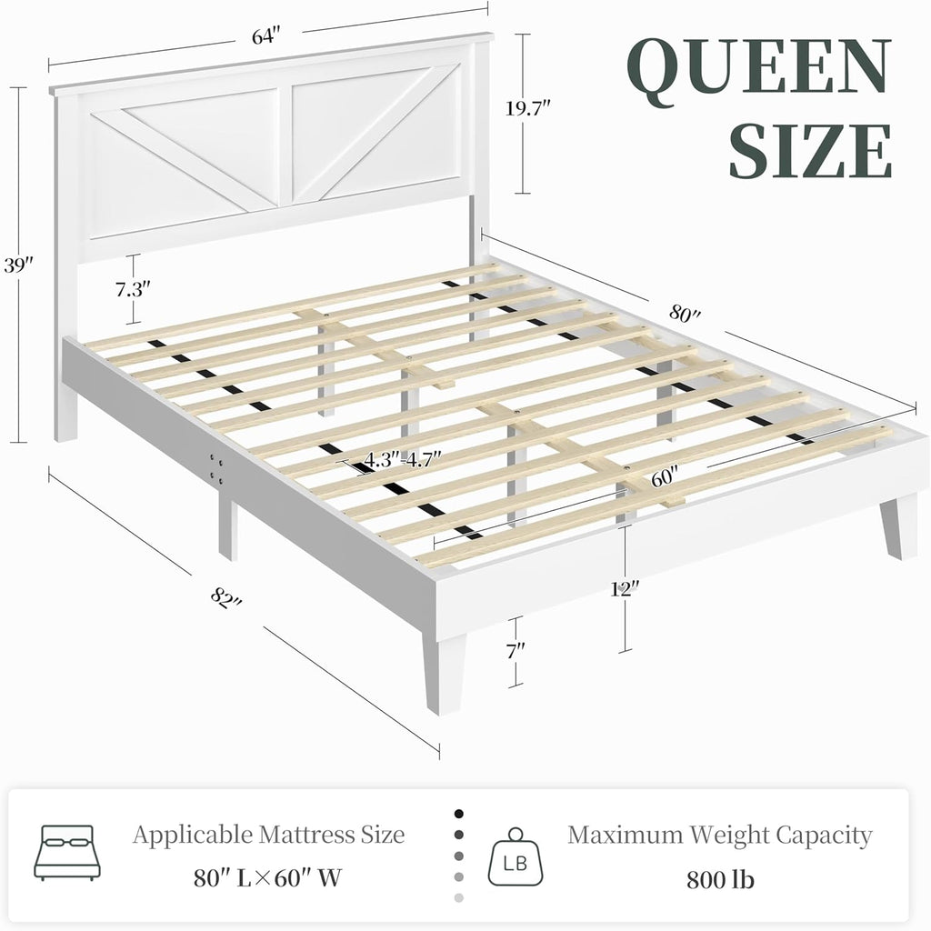 Wood Bed Queen, Farmhouse White Rubberwood Platform Bed Frame with V-Designed Headboard, Sturdy Wooden Support Slats