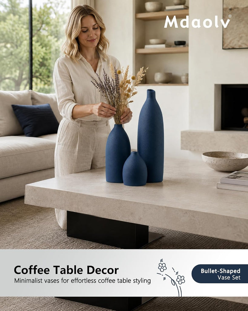 Matte Blue Vase Set Navy Blue Decor Coastal Decor Vases