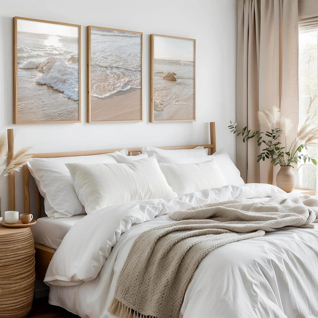 Beach Wall Art Decor Coastal Wall Art Pictures Ocean Canvas Wall Art Beige Beachy Wall Decor Boho Beach Prints Ocean - Set of 3