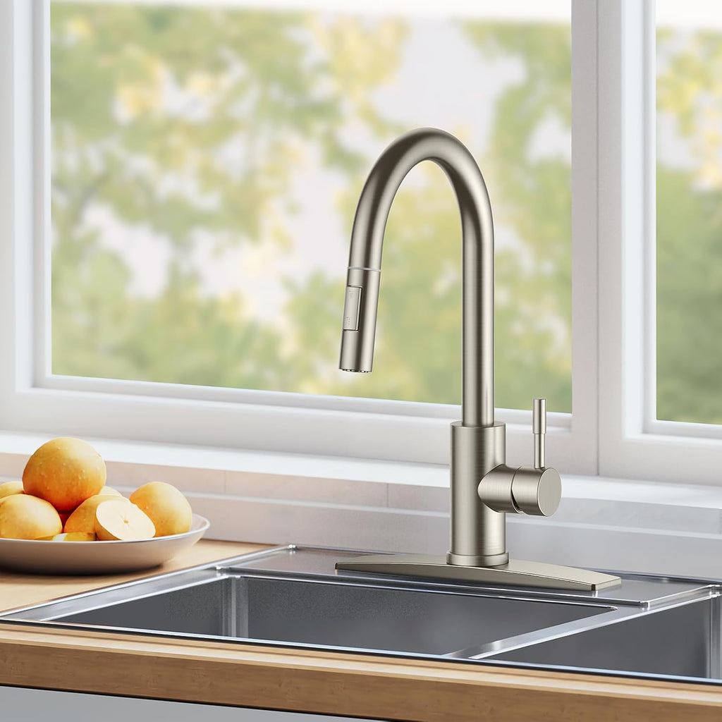 Kitchen Faucet with Pull Down Sprayer, Brushed Nickel High Arc Modern Classic Sink Faucet Stainless Steel with Deck