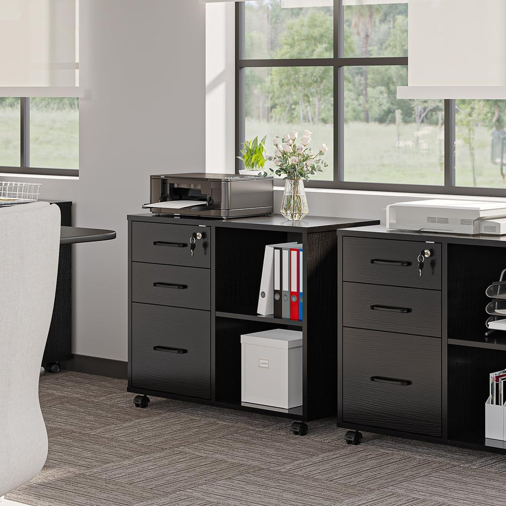 3 Drawer Office File Cabinets, Mobile Lateral Printer Stand with Open Storage Shelf, Rolling Filing Cabinet with