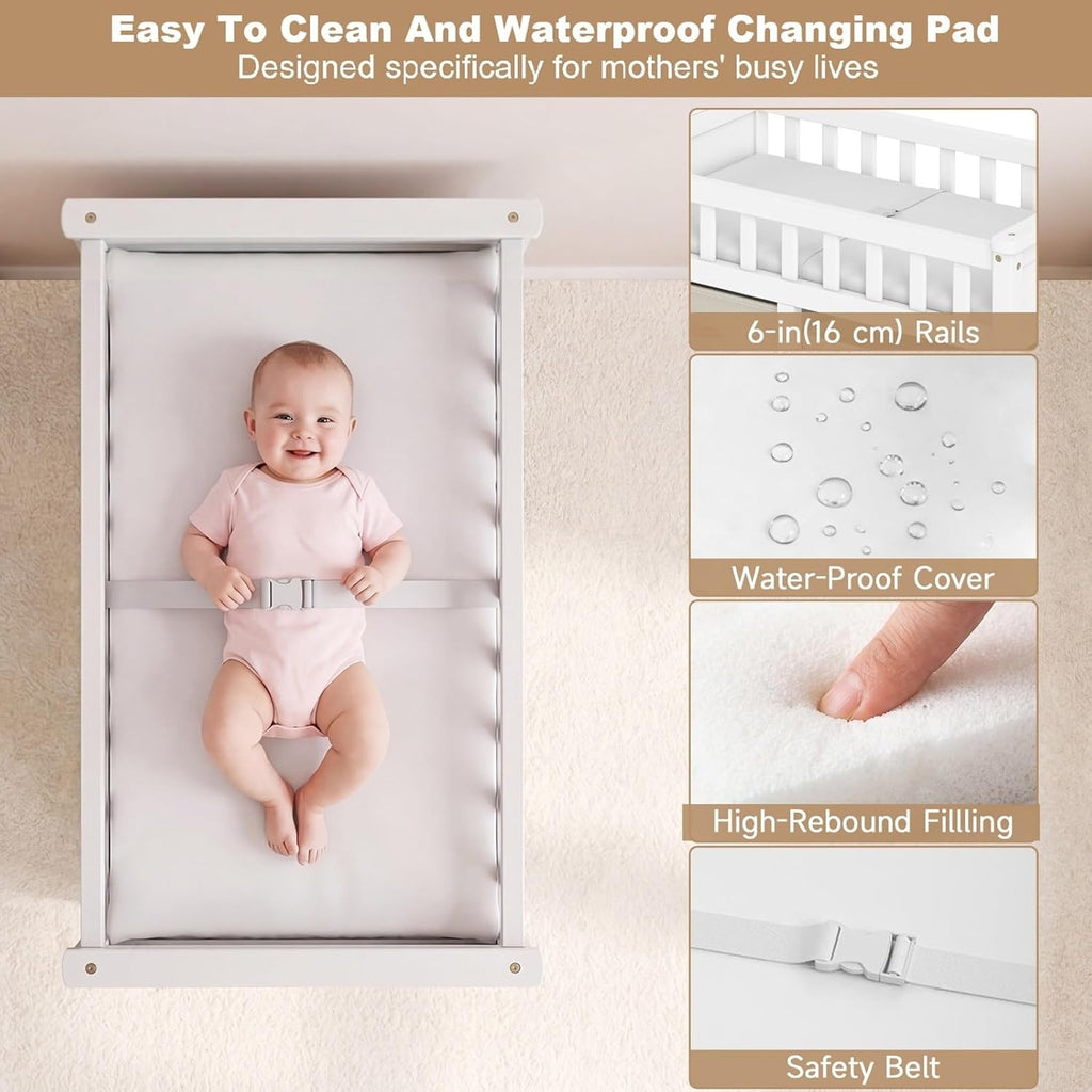 Wooden Baby Changing Table with Comfy Changing Pad, 3 Fabric Drawers, Laundry Hamper, Safety Belt, Diaper Station